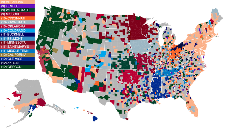 Illustration for article titled Facebook Data Give Us The Best Fandom Map of the NCAA Tournament